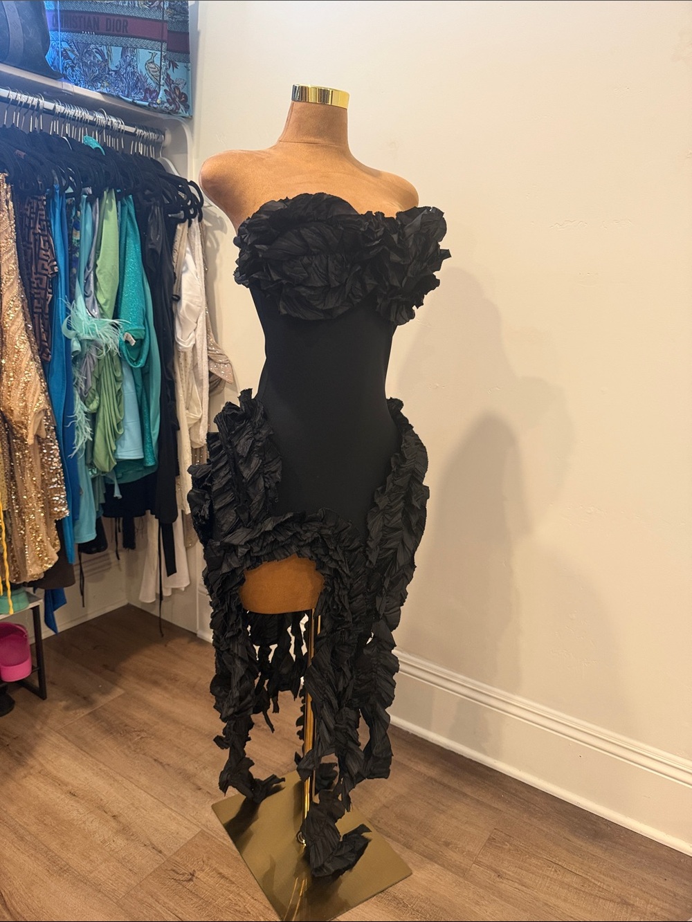 Strapless Black Ruffled Evening Dress - Picture 2 of 3